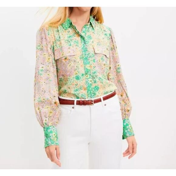 LOFT Floral Crepe Patchwork Top Women Large Blouse Colorful Ditsy Balloon Sleeve - Picture 2 of 14